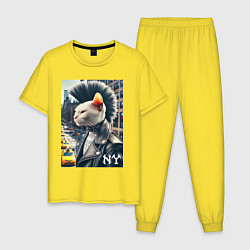 Пижама хлопковая мужская Котик панк житель Нью-Йорка - нейросеть, цвет: желтый
