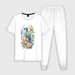 Пижама хлопковая мужская Красивая голубая птица среди цветов, цвет: белый