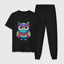 Пижама хлопковая мужская Психоделическая сова, цвет: черный