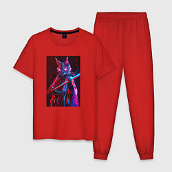 Пижама хлопковая мужская Кот самурай киберпанк, цвет: красный