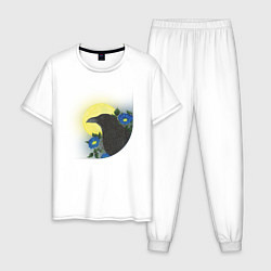 Пижама хлопковая мужская Чёрный ворон на ветке под луной, цвет: белый