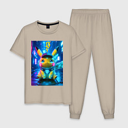 Пижама хлопковая мужская Funny neon Pikachu под энергетическим барьером - a, цвет: миндальный