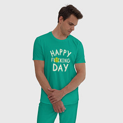 Пижама хлопковая мужская Happy f**king day - надпись и смайл, цвет: зеленый — фото 2