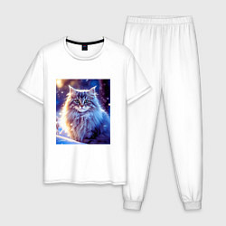 Пижама хлопковая мужская Кот в снегу, цвет: белый
