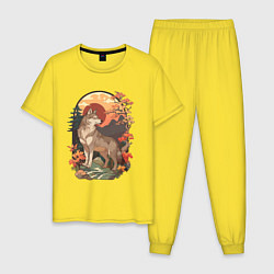 Пижама хлопковая мужская Волк в лесу в японском стиле, цвет: желтый
