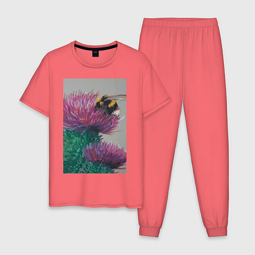Мужская пижама Мохнатый шмель на кактусе - живопись / Коралловый – фото 1