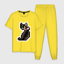 Пижама хлопковая мужская Милая пиксельная кошка с розовым ошейником, цвет: желтый