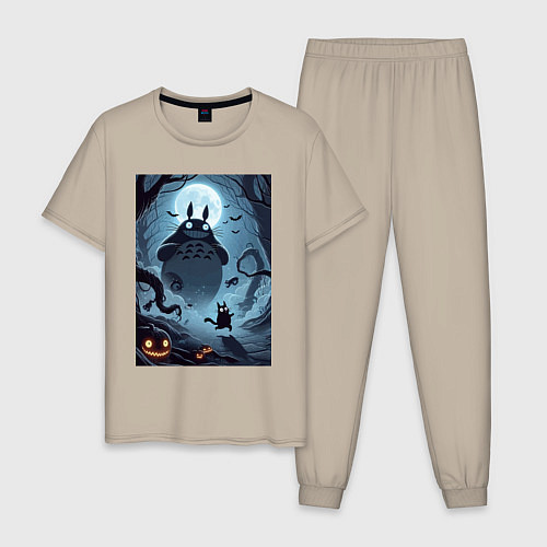 Мужская пижама Тоторо и бегущий чёрный кот - хэллоуин / Миндальный – фото 1