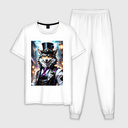 Пижама хлопковая мужская Стимпанк волк, цвет: белый