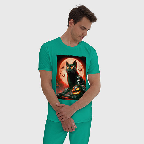 Мужская пижама Стимпанк кот в очках - нейроарт / Зеленый – фото 3