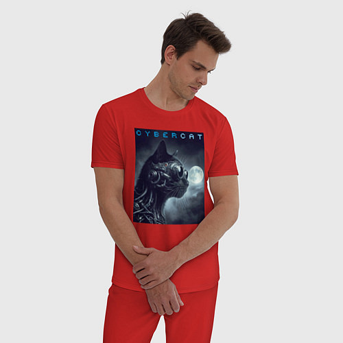 Мужская пижама Cyber black cat - ai art fantasy / Красный – фото 3
