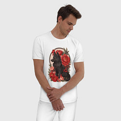 Пижама хлопковая мужская Чёрный волк и красные цветы, цвет: белый — фото 2