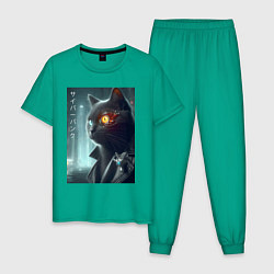 Пижама хлопковая мужская Black cat - cyberpunk, цвет: зеленый