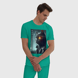 Пижама хлопковая мужская Black cat - cyberpunk, цвет: зеленый — фото 2