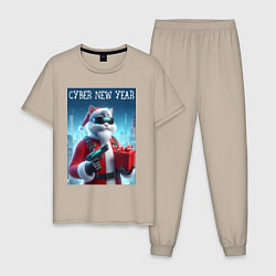 Пижама хлопковая мужская Кот с пистолетом и подарком, цвет: миндальный