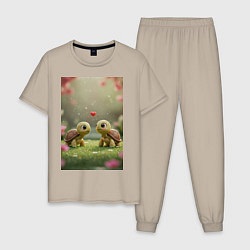 Пижама хлопковая мужская Влюбленные черепашки, цвет: миндальный