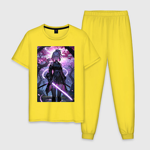 Мужская пижама Девушка с катаной на фоне цветущей сакуры / Желтый – фото 1