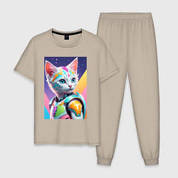 Пижама хлопковая мужская Котик в стиле киберпанк, цвет: миндальный