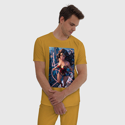 Мужская пижама Чудо-женщина на крыше с городским фоном в стиле ко / Горчичный – фото 3
