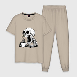 Пижама хлопковая мужская Skeleton with coffee, цвет: миндальный