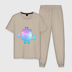Пижама хлопковая мужская Monster cartoon blue purple, цвет: миндальный