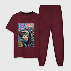 Пижама хлопковая мужская Graffiti monkey, цвет: меланж-бордовый