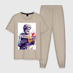 Пижама хлопковая мужская Античная статуя и граффити, цвет: миндальный