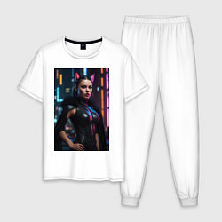 Пижама хлопковая мужская Девушка с кошачьими ушами стоит на фоне небоскребо, цвет: белый