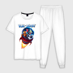 Пижама хлопковая мужская Том и Джерри - космическое приключение, цвет: белый