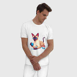 Пижама хлопковая мужская Игривый сиамский котик, цвет: белый — фото 2