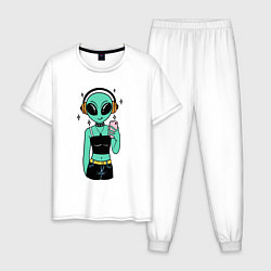 Пижама хлопковая мужская Девочка инопланетянин с телефоном, цвет: белый