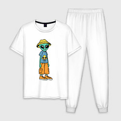 Пижама хлопковая мужская Инопланетянин в шляпе, цвет: белый