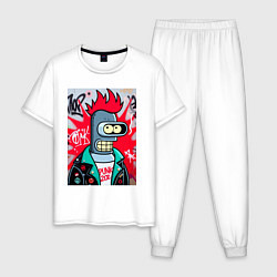 Пижама хлопковая мужская Бендер панк - граффити, цвет: белый