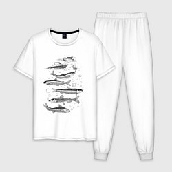 Пижама хлопковая мужская Корюшка пошла и рыбалка началась, цвет: белый