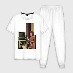 Пижама хлопковая мужская Девушка и винтажный компьютер ретрофутуризм поп-ар, цвет: белый