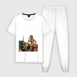 Пижама хлопковая мужская Девушка на орудийной башне ретрофутуризм поп-арт 1, цвет: белый