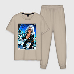 Пижама хлопковая мужская Черная кошка на крыше, цвет: миндальный