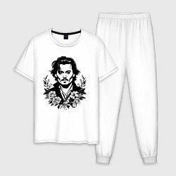 Пижама хлопковая мужская Джонни Депп с букетом цветов, цвет: белый