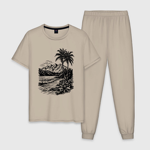 Мужская пижама Тропический берег: горы, пальмы и море / Миндальный – фото 1