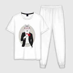 Пижама хлопковая мужская Волк в смокинге, цвет: белый