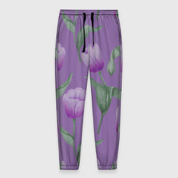 Брюки на резинке мужские Фиолетовые тюльпаны с зелеными листьями, цвет: 3D-принт