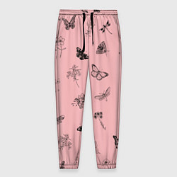 Мужские брюки Цветочки и бабочки на розовом фоне