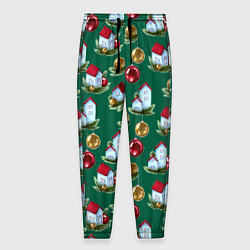 Мужские брюки Новогодние домики на зеленом - паттерн