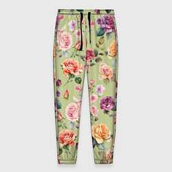 Мужские брюки Акварельные цветы - паттерн зеленый