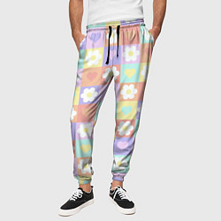 Брюки на резинке мужские Сердечки и цветочки в пастельных квадратах, цвет: 3D-принт — фото 2