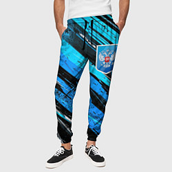 Брюки на резинке мужские Герб России на абстрактном синем фоне, цвет: 3D-принт — фото 2