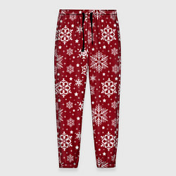 Брюки на резинке мужские Новогодний узор - белые снежинки на красном фоне, цвет: 3D-принт