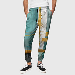 Брюки на резинке мужские Узоры акварелью бирюзового и золотого цвета, цвет: 3D-принт — фото 2
