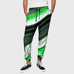 Брюки на резинке мужские Волнистые горизонтальные чёрно-зелёные полосы на б, цвет: 3D-принт — фото 2
