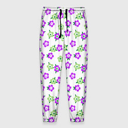 Мужские брюки Зеленые фиолетовые цветы на белом фоне